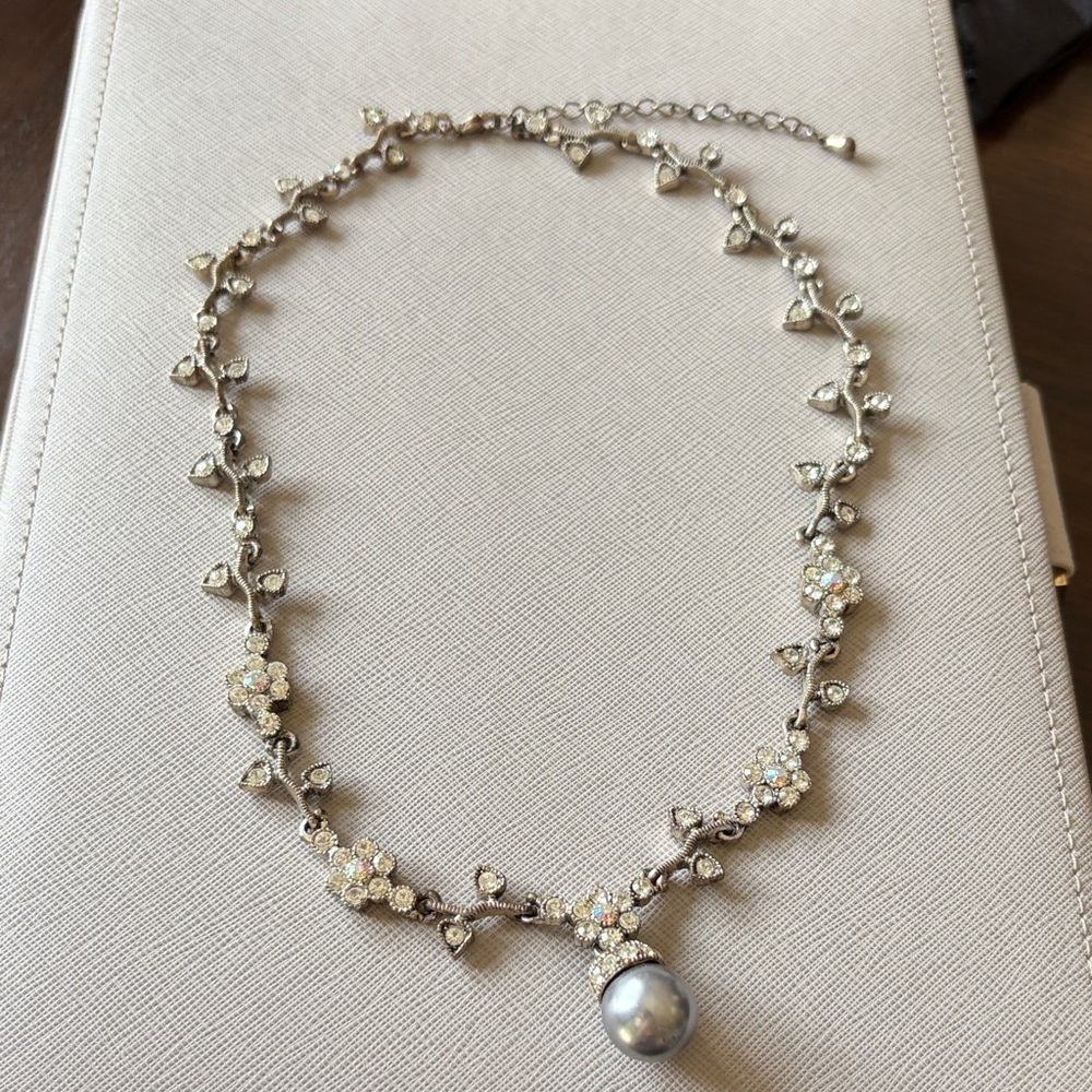 Silver Floral Crystal Necklace with Pearl Pendant Costume